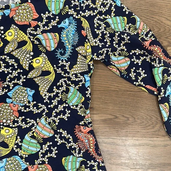 J. McLaughlin Navy Multi Bejeweled Under The Sea Fish Catalina Cloth Shirt Tee - Picture 3 of 5